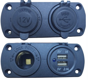 Tablero doble toma 12v + 2 usb 5v 1/2.1a con luz t/antiagua